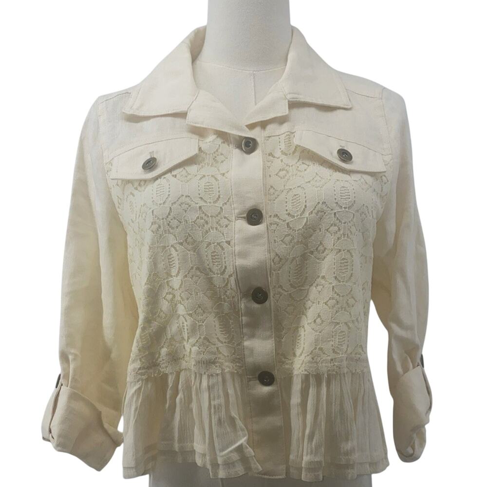 Multiples Petite Small Jacket Womens Cream Linen/lace Long Sleeve Cottagecore